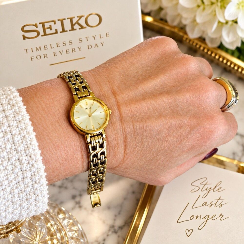 Vintage Seiko 1N00-1E09 SXJS46 Ladies Gold Tone Quartz Watch 6” Wrist